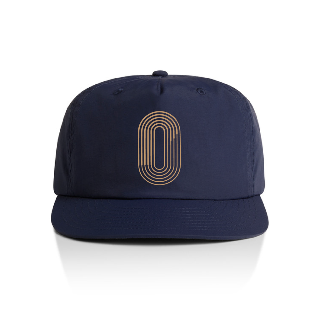 Navy blue cap with a gold logo on a white background